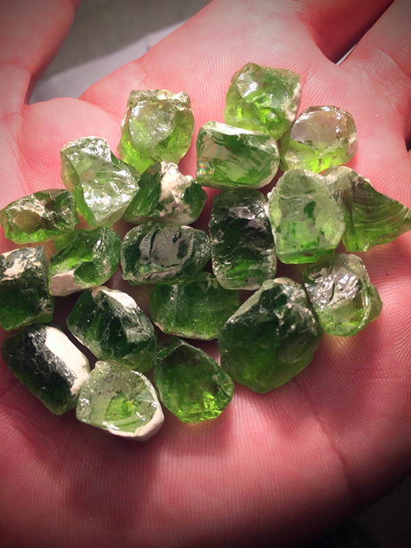 Photograph of an open hand holding rough gems