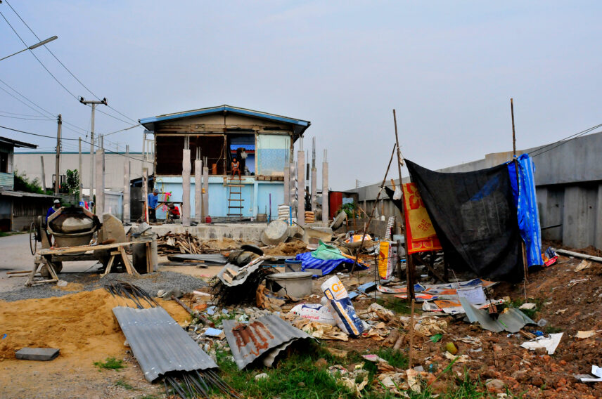 Photograph of rubble strewn around outdoors