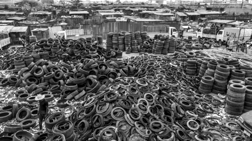 Photograph of a massive number of tires in piles