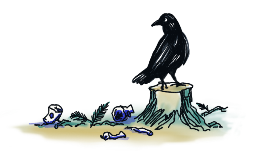 Illustration of a raven sitting on a tree stump