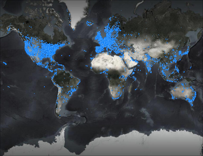 World map with many blue dots