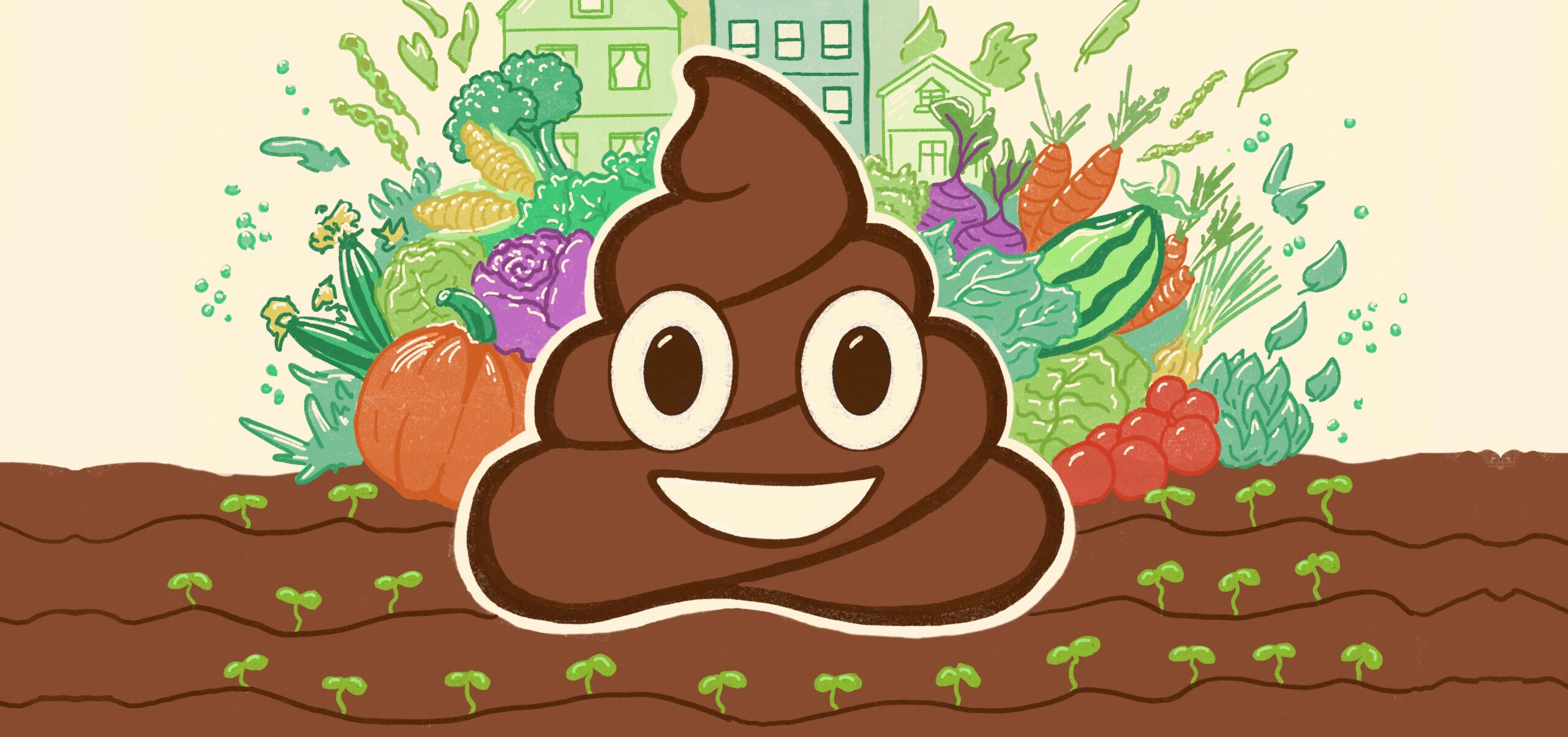 Illustration of a poop emoji in a garden