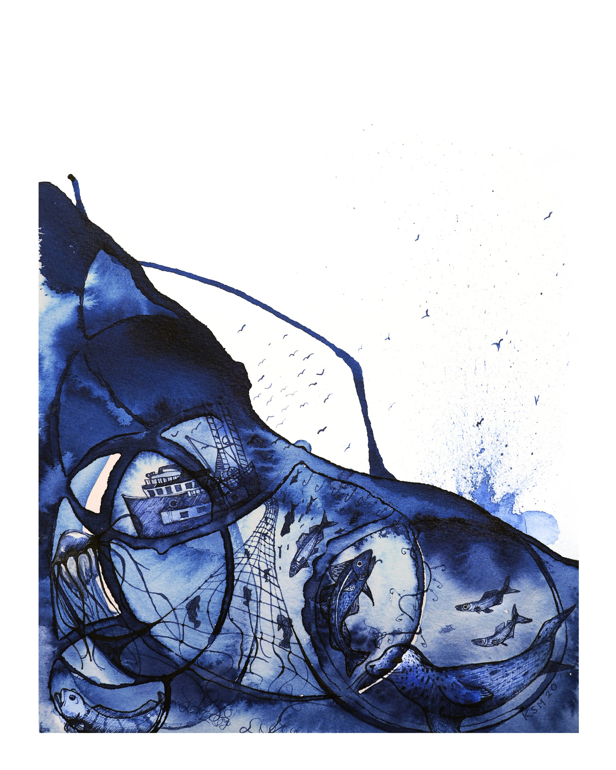 Artwork depicting marine life and activities in a splash of blue