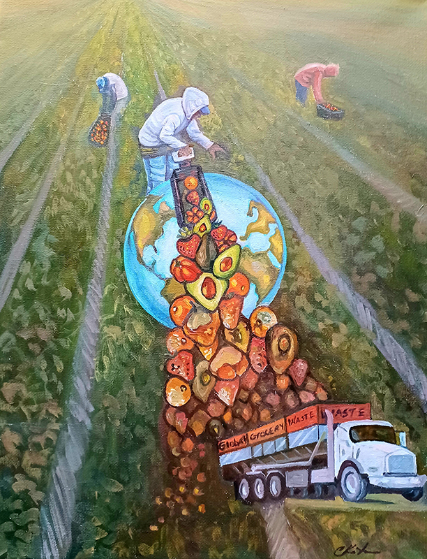 Painting of a field, people picking crops, globe, and fruits and veggies