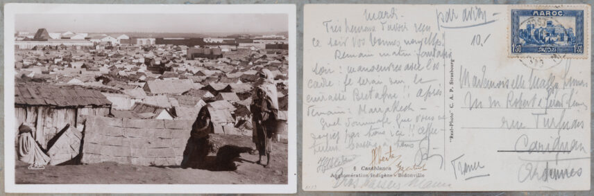 Photograph of the front and back of a postcard side-by-side