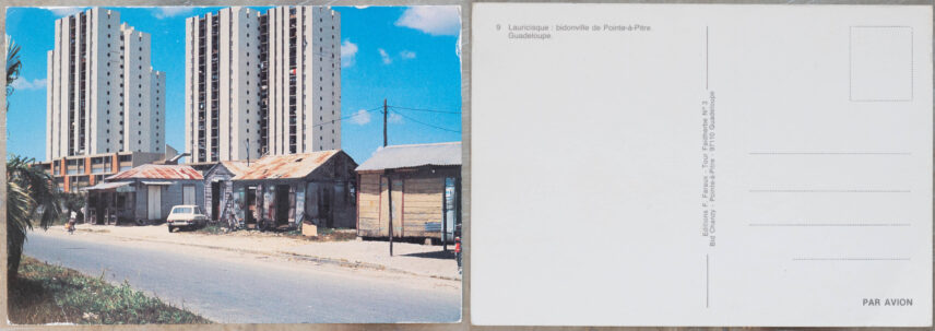 Photograph of the front and back of a postcard side by side