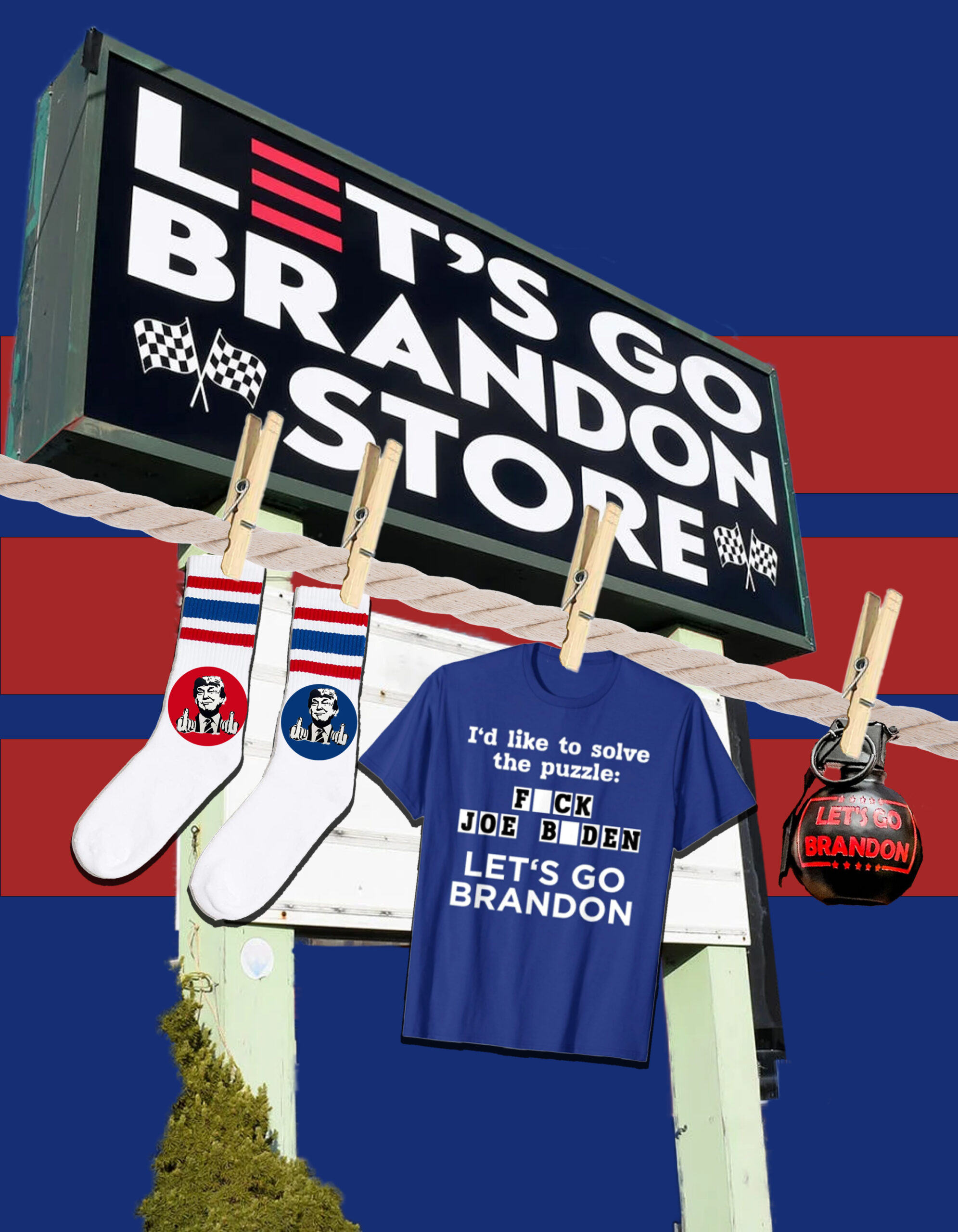 A collection of "Let's Go Brandon" attire assembled in a quasi-collage