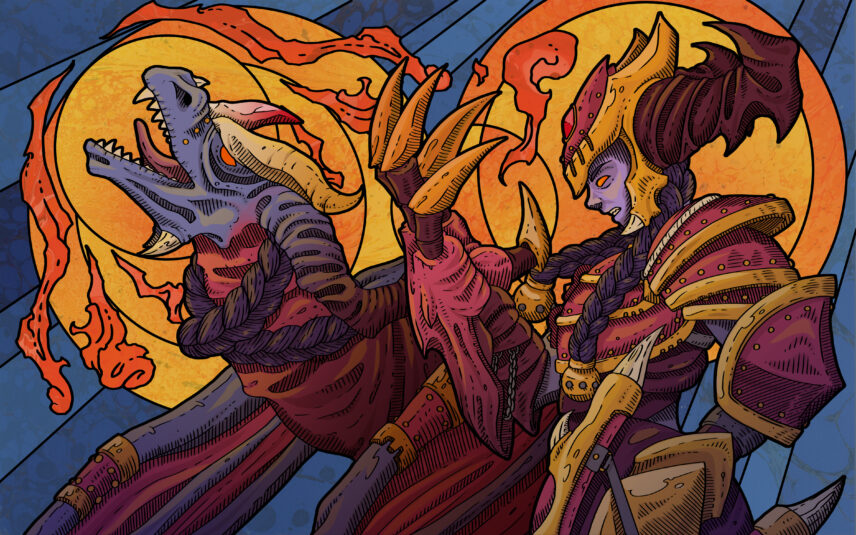 Illustration of a fantasy warrior and dragon