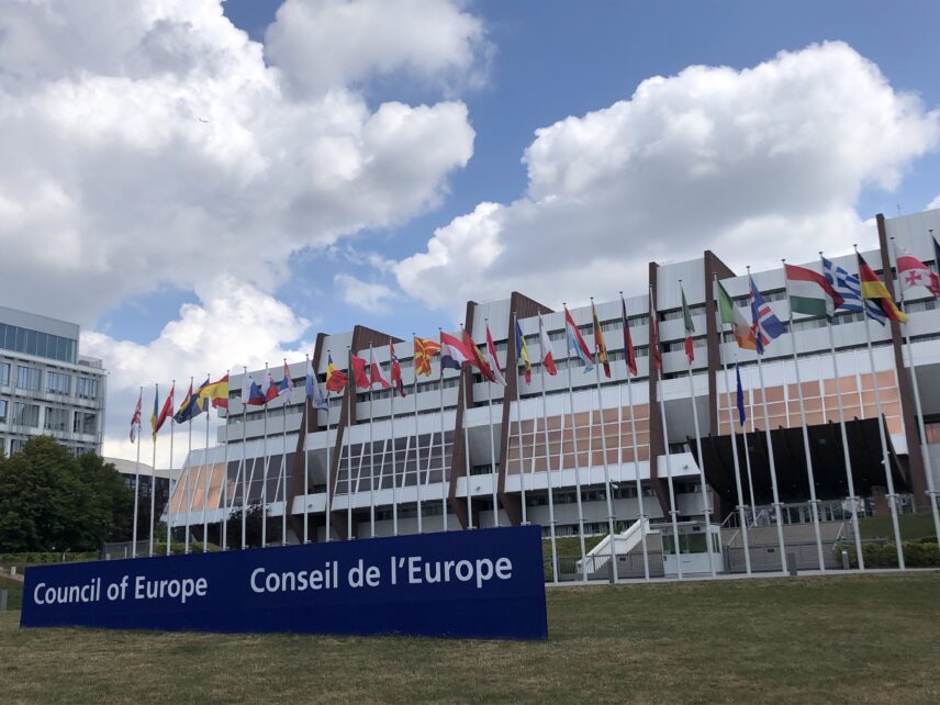 Photograph of a building with many flags before it