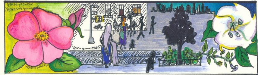 Illustration of a neighborhood flanked by flowers