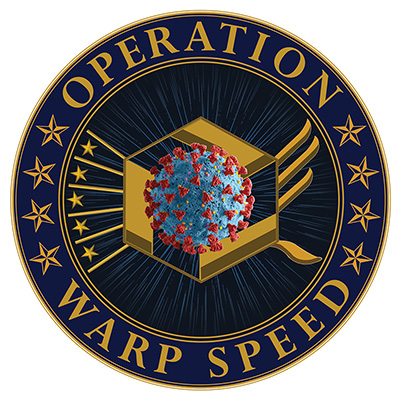 Official logo of Operation Warp Speed. A microphotograph of COVID-19 surrounded by a blue and golden circle and golden stars.