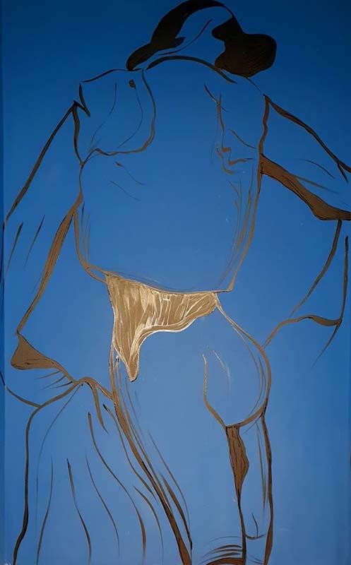 Photograph of artwork on a blue background