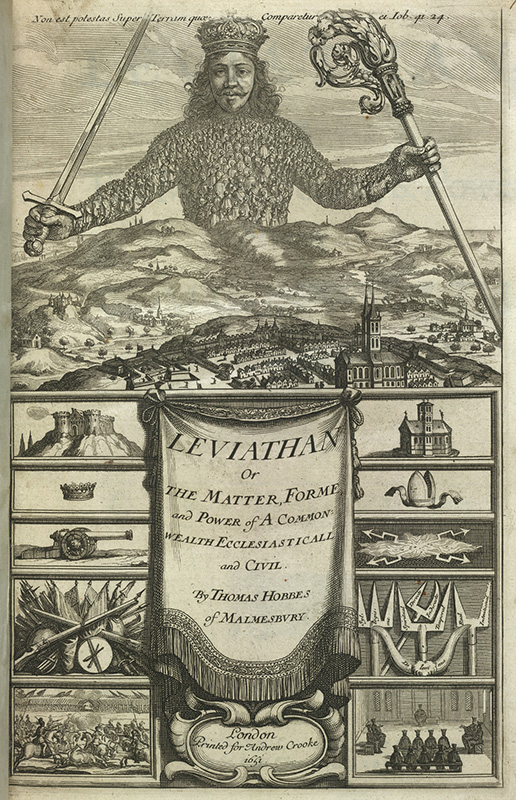 An image of the original book cover of the Leviathan by Thomas Hobbes.