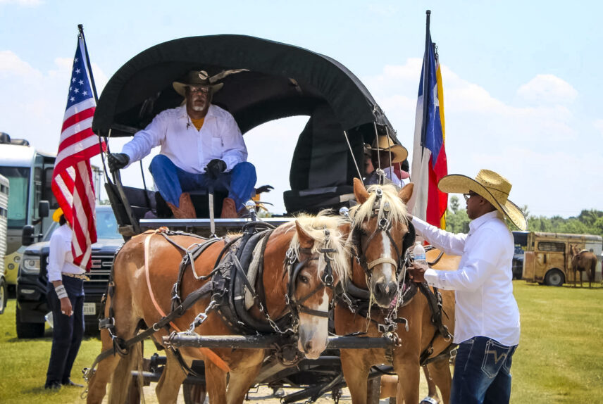 Photograph of a wagon hitched to two horses, one man in the wagon, and another attending to the horses