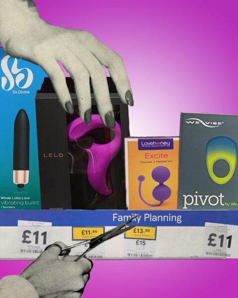 Collage of various sex toys against a purple background