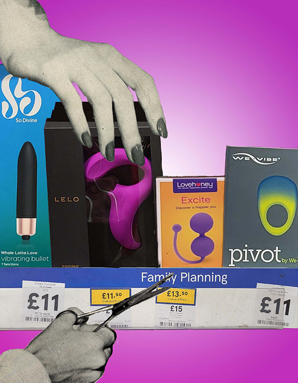 Collage of various sex toys against a purple background