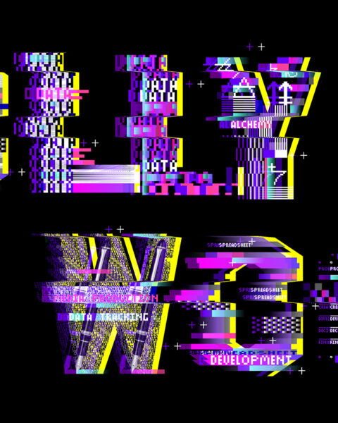 Distorted digital image of the word "Hollywood" against a black background. Other similarly designed glitchy areas flank the words.