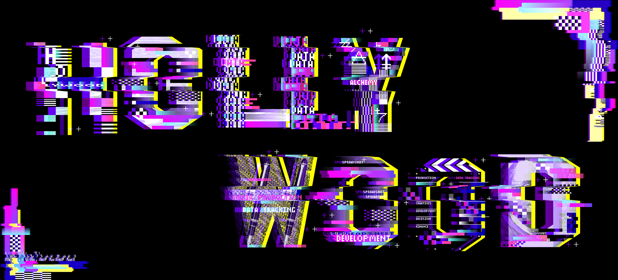 Distorted digital image of the word "Hollywood" against a black background. Other similarly designed glitchy areas flank the words.