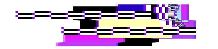 Decorative element. Purple, blue, pink, yellow, black, and white lines overlap and create the impression of a digital, visual glitch, like one might see on a malfunctioning monitor.