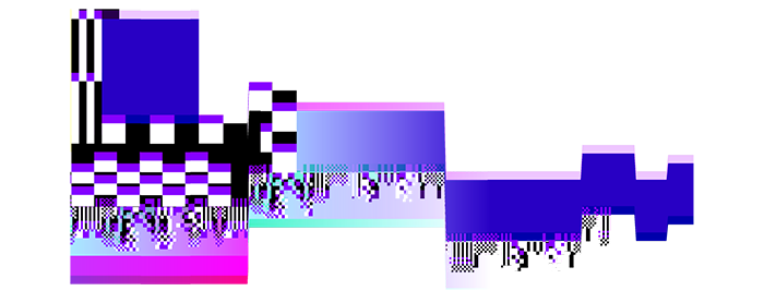 Decorative element. Purple, blue, pink, black, and white lines overlap and create the impression of a digital, visual glitch, like one might see on a malfunctioning monitor.