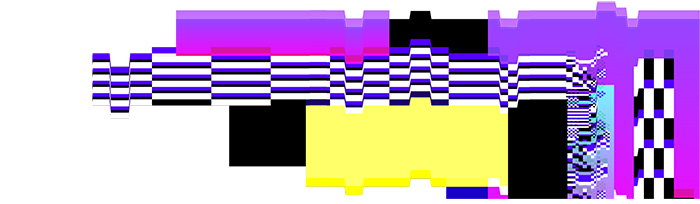 Decorative element. Purple, blue, pink, yellow, black, and white lines overlap and create the impression of a digital, visual glitch, like one might see on a malfunctioning monitor.