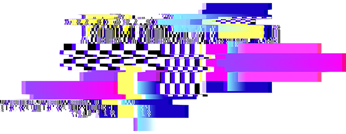 Decorative element. Purple, blue, pink, yellow, black, and white lines overlap and create the impression of a digital, visual glitch, like one might see on a malfunctioning monitor.