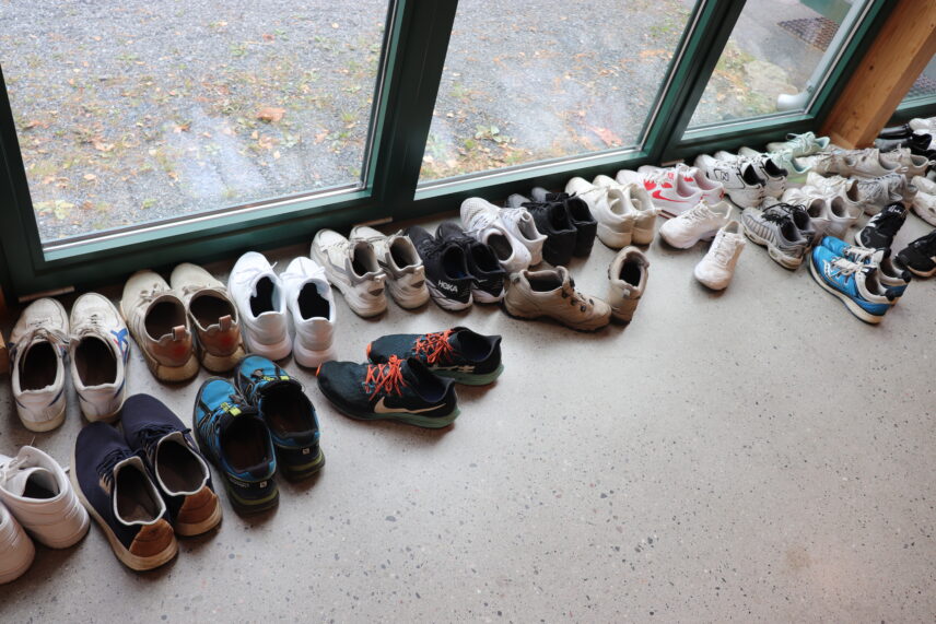 Photograph of two rows of sneakers lined up against a floor-to-ceiling window.