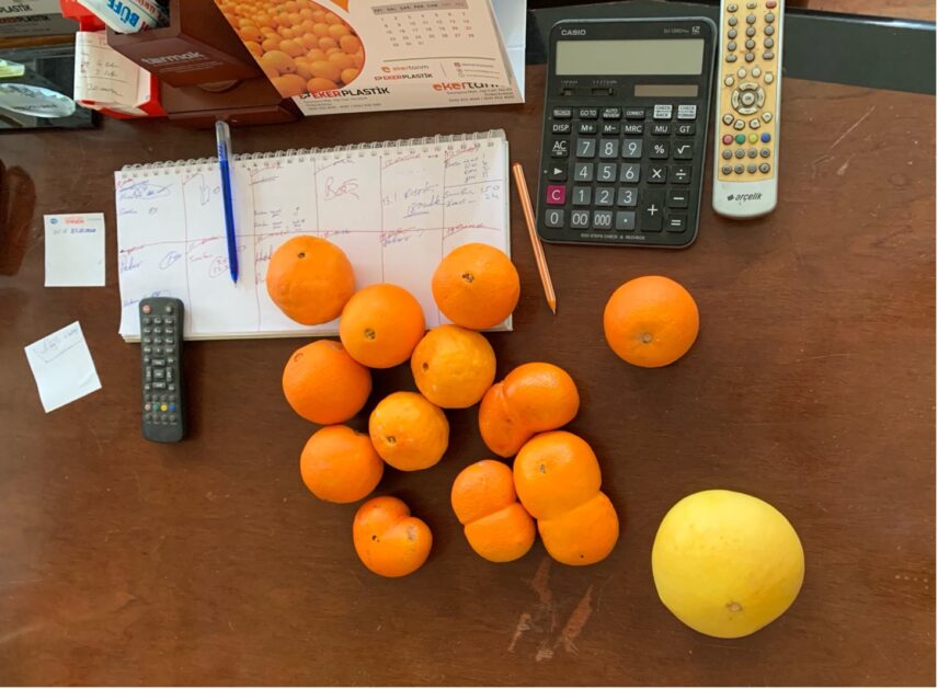 Twin oranges on an office desk, along with controllers, a calculator and a weekly planner.