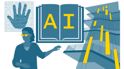 Digital illustration in blue and yellow, showing binary code, a hand, a person, a book, and an academic building.