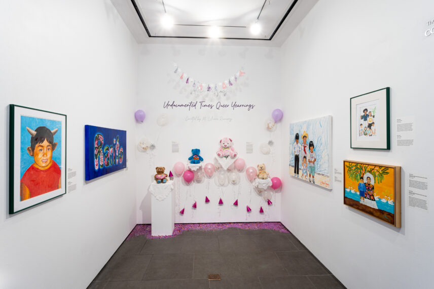 View upon entering the gallery showing Felicidades, 2022-2024; Aquí, 2022; Árbol que nace torcido todavía florece, 2022; Herencia, 2022; Rarito, 2024; First Generation, 2022