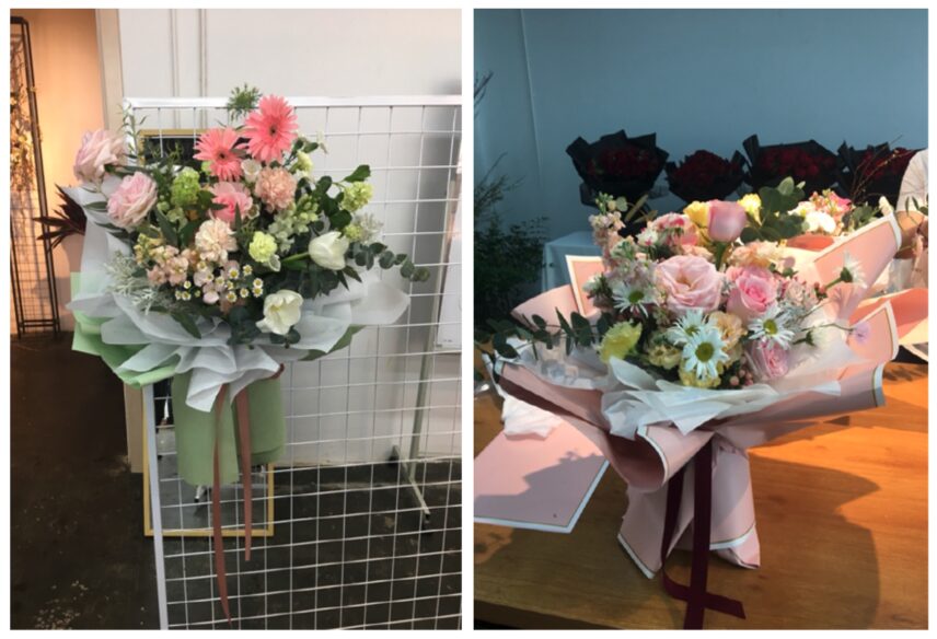 A comparison of two hand-tied bouquets arranged with similar floral materials. At the connoisseur level, the bouquet on the right is appreciated as “exuding an effortless sense of fluffiness,” thus considered as more beautiful than the one on the left which is critiqued as “huddled together.”