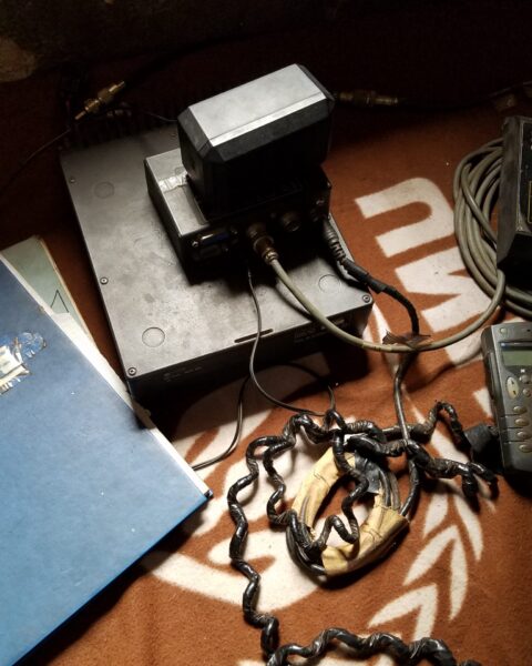The desk of a radiophonie operator, based in the church of a small town in northeastern Congo. This church has had a phonie for decades, inspiration for the humanitarian network.
