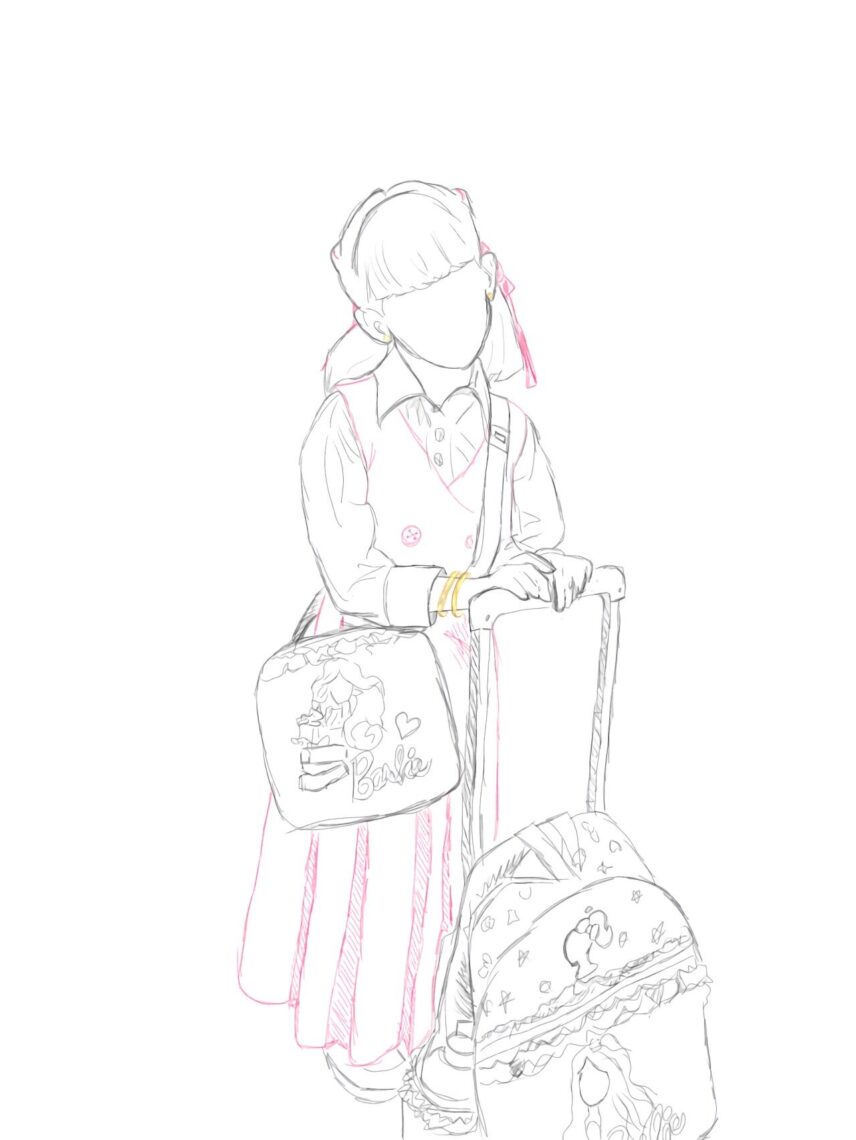 A colored pencil drawing based on a photograph of a young girl in a school uniform with long skirt. She is facing the viewer with her head tilted and she is carrying two large schoolbags.