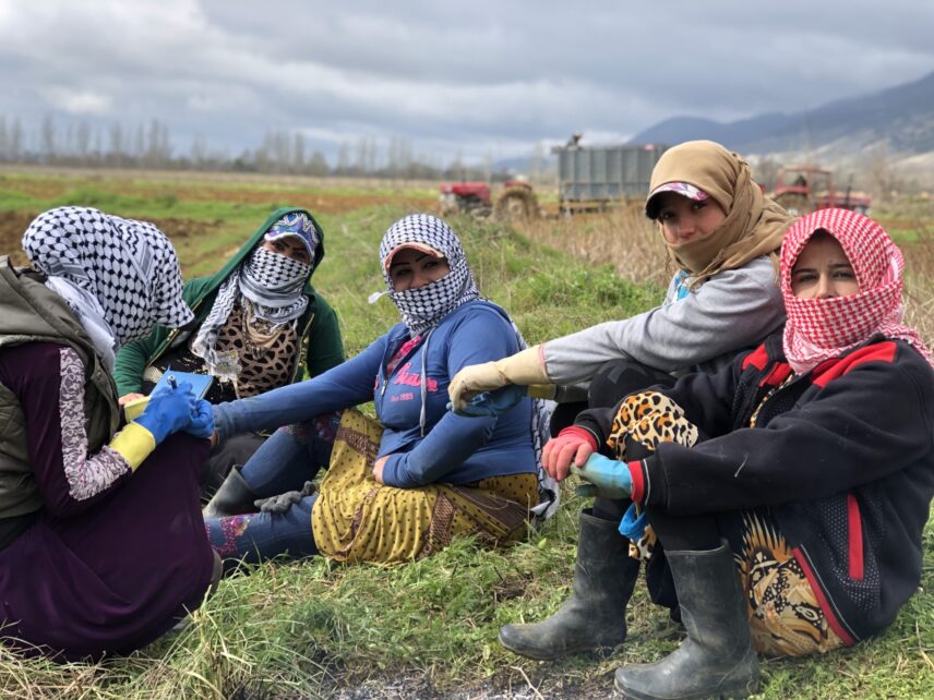 Five women are seated in a grassy field beneath an overcast sky. They are wearing colorful patterned dresses and their heads and chins are wrapped in headscarves. The three on the left are wearing black-and-white keffiyehs, one is wearing a tan hijab, and the woman on the right is wearing a red-and-white keffiyeh and black rubber boots.