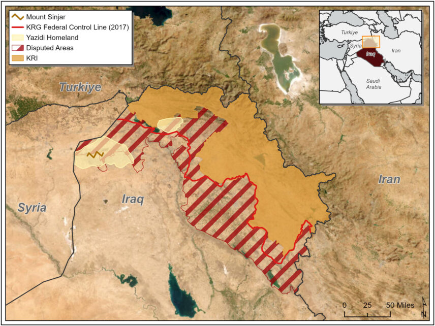 Map of Yezidi land and disputed territories.