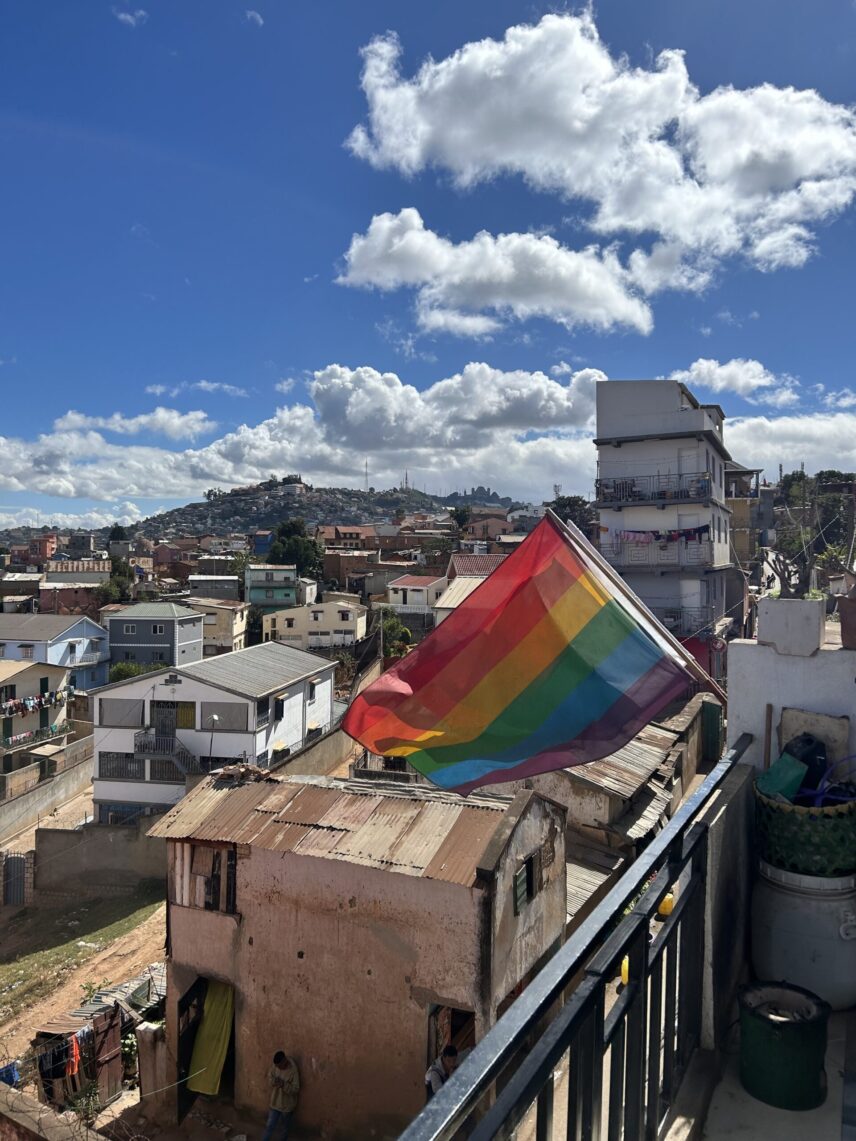 A rainbow flag on a balcony in Antananarivo.