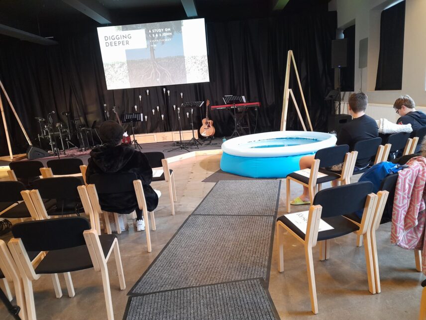 Unity Church's worship space with instruments set up for contemporary worship