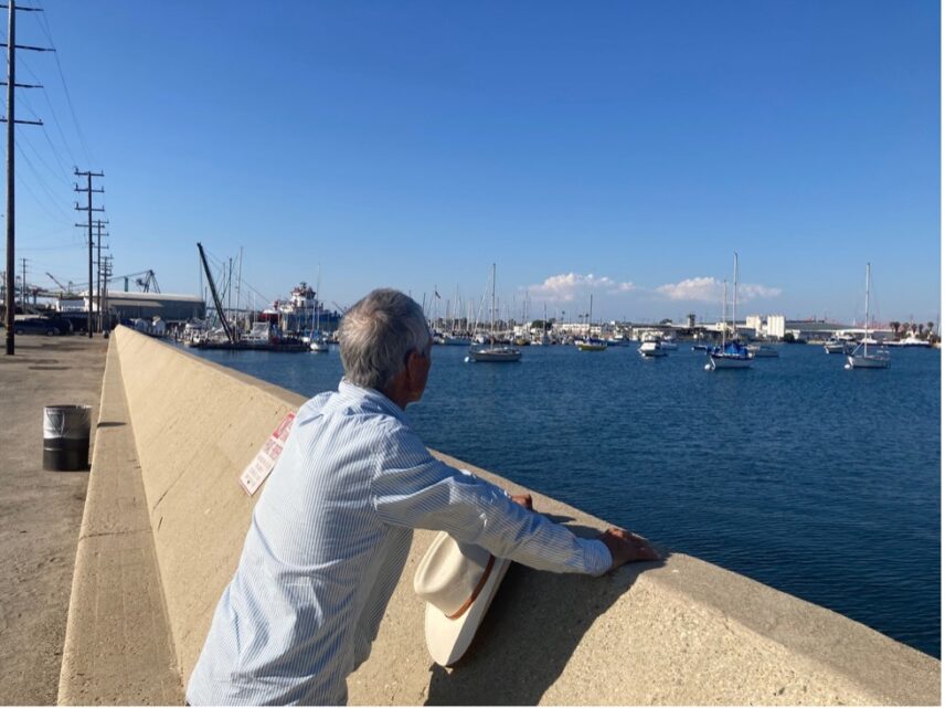 A person leaning against a wall, looking out at some small ships.