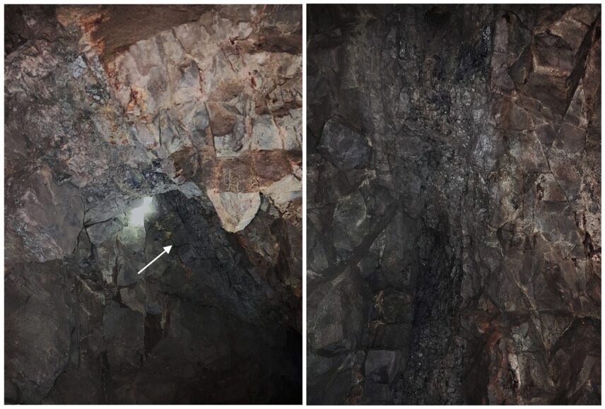 The image on the left shows the trace of a vein on the ceiling of a tunnel, while the image on the right offers a close-up view of the same vein.
