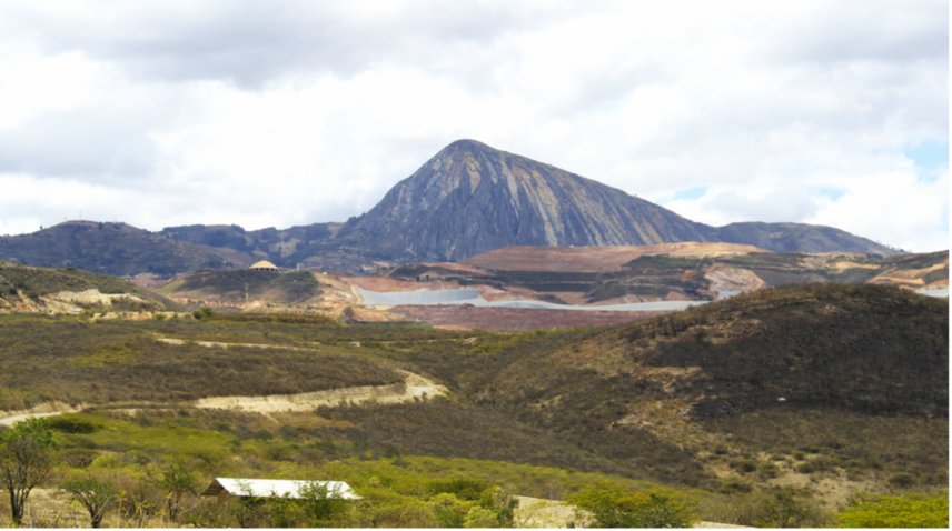 Panoramic view of the hill where the miners of Algamarca extract ore. Part of the Canadian company’s open-pit facilities can be seen at the lower right of the hill.