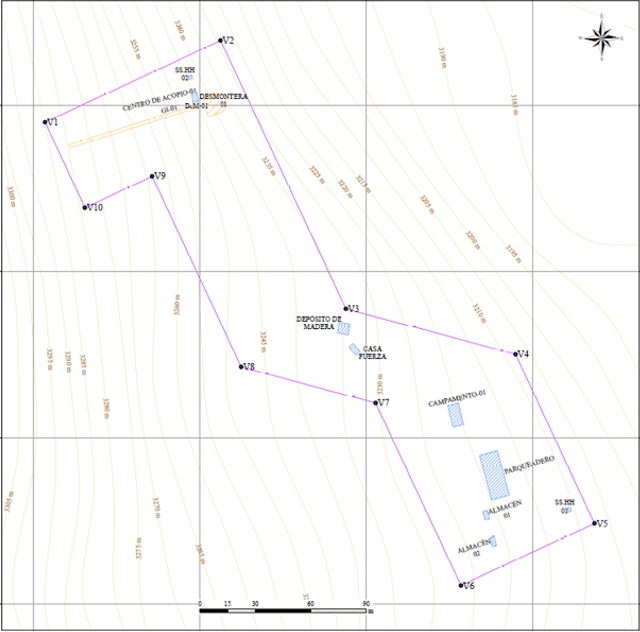 Map in an IGAFOM showing a polygon outlined in purple that delimits the activities of an artisanal mining operation.