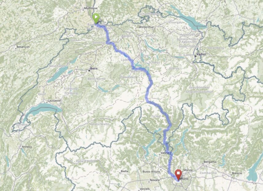 Map created by the author using the OpenStreetMaps, demonstrating the author's travel from Basel (Green) to Milan (Red) and vice versa.
