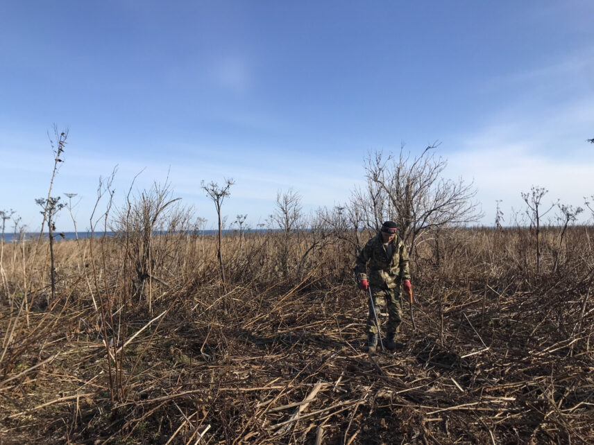 Sasha in a brown grass field searching for Japanese artifacts with a metal detector (Tikhoe, Sakhalin Island, November 2021)
