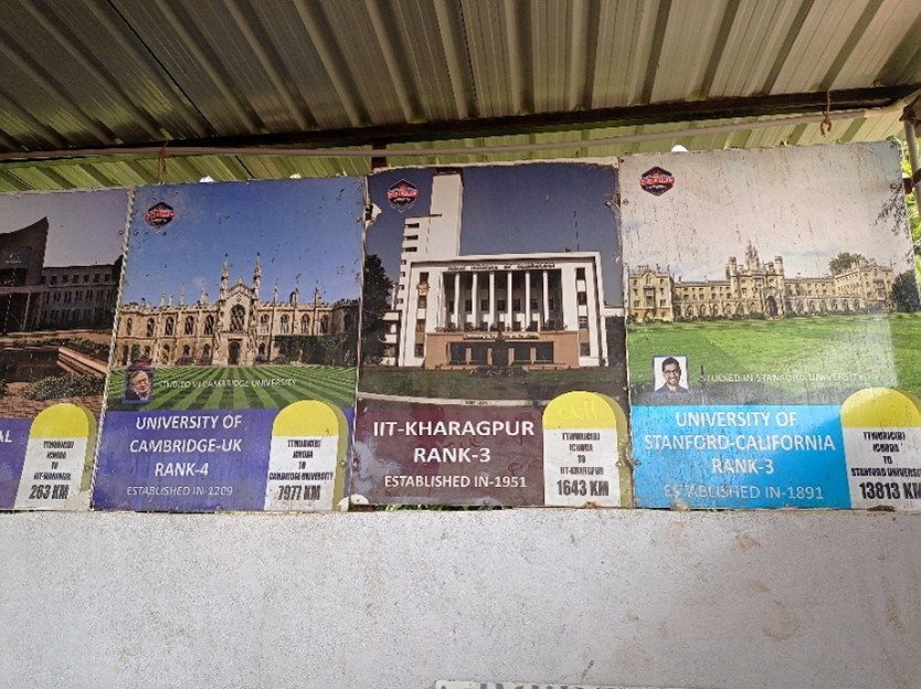 Figure 2: Aspirations on the Wall: Elite institutions like Cambridge, IIT Kharagpur, and Stanford appear as posters pasted on classroom walls.