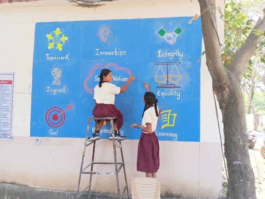 Figure 4: School Values: Girl students paint their school values on the classroom wall, showcasing ideals such as Teamwork, Innovation, Integrity, Equality, Impact, Goal, Responsibility, and Learning.