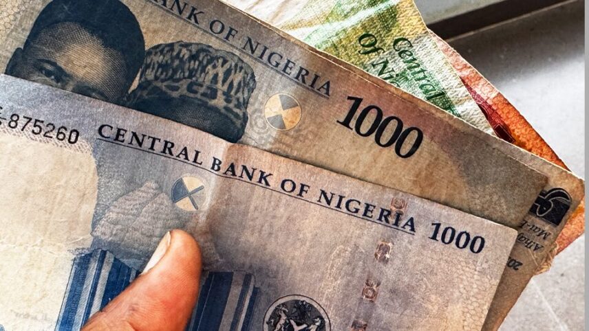 close-up shot, focusing on a collection of Nigerian banknotes, including denomination and intricate design details