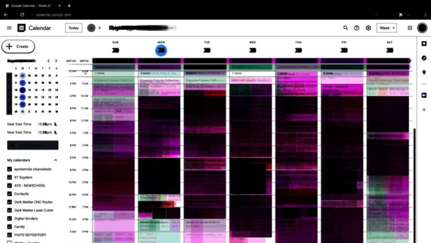 a screenshot of a Google Calendar interface, displaying a weekly view of scheduled events with varying darkened colors and time slots.
