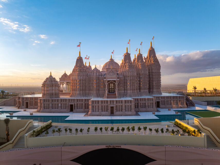 Aerial view of the BAPS Hindu Mandir in Abu Dhabi.