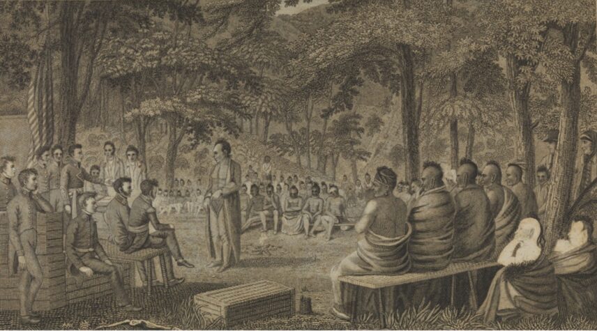 Alexander Lawson’s engraving of Samuel Seymour’s 1820 watercolor “Oto Council” from the Long Expedition from Pittsburgh to the Rocky Mountains.