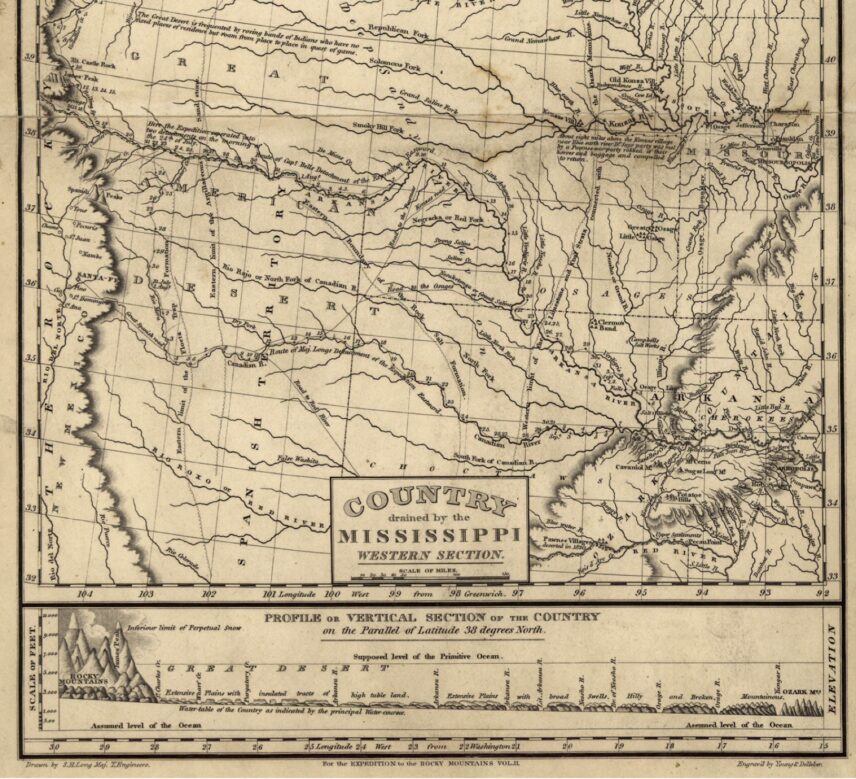 Stephen H. Long’s map “Country Drained by the Mississippi, Eastern Section and Country Drained by the Mississippi, Western Section,” 1823 (composite).